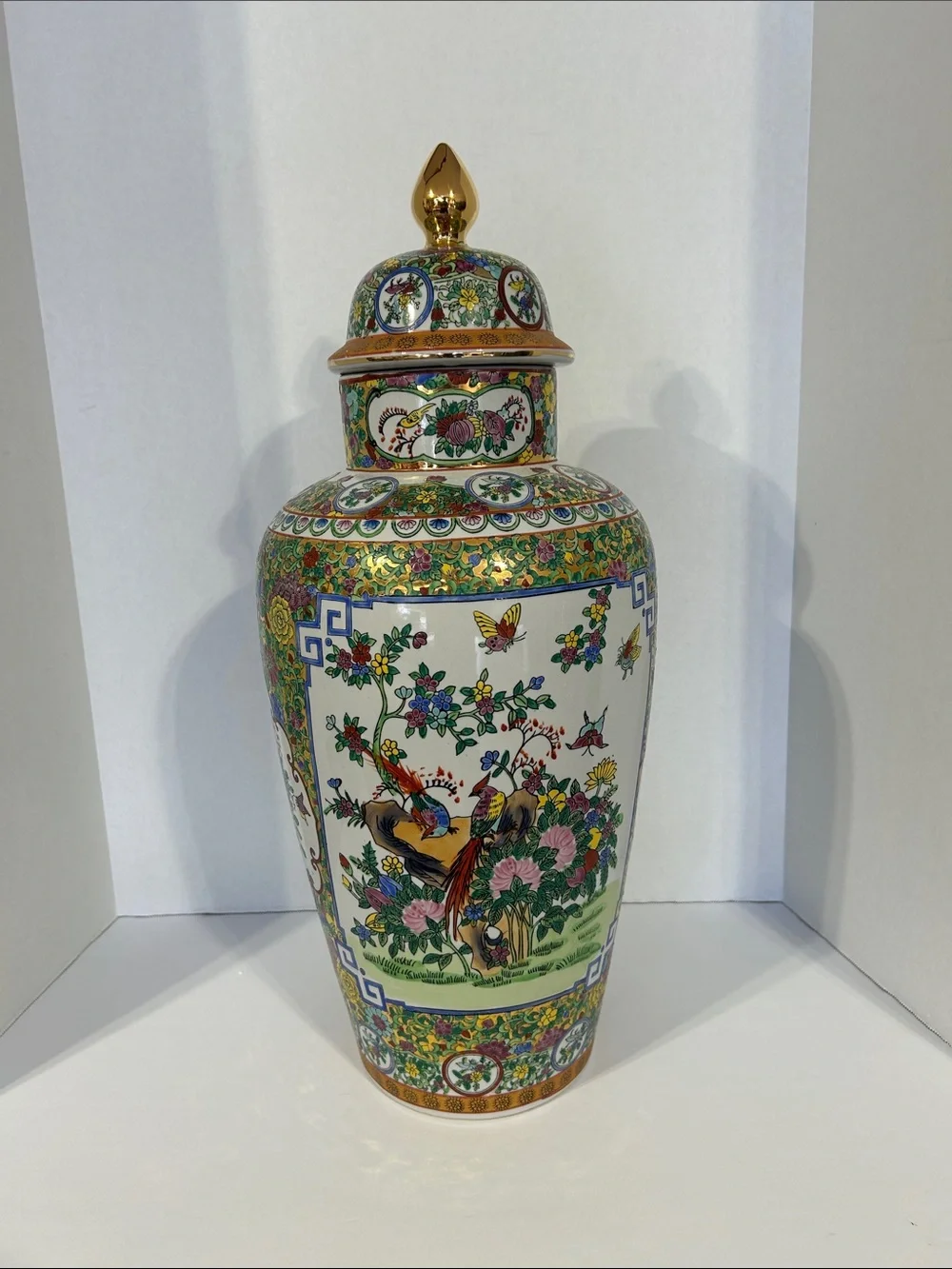 Floral Bird Porcelain Temple Jar with Gold Lid - Ornate White and Multicolor